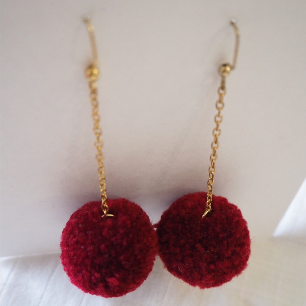 Red Burgundy Pom Pom Dangle Earrings Nickel Free - Picture 5 of 5